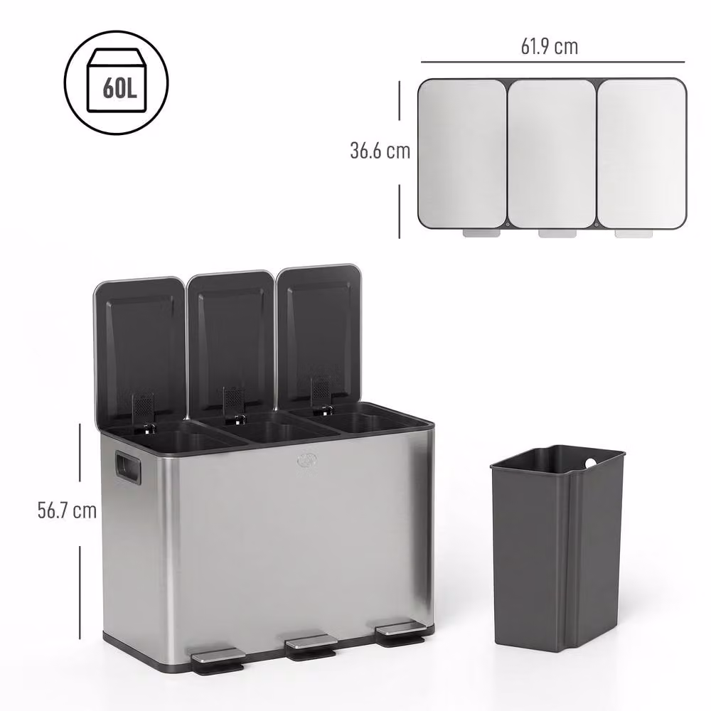 STILVORA Triple 20L Pedal Bin in Silver Stainless Steel with Soft Close Lid and Odour Filter – 3