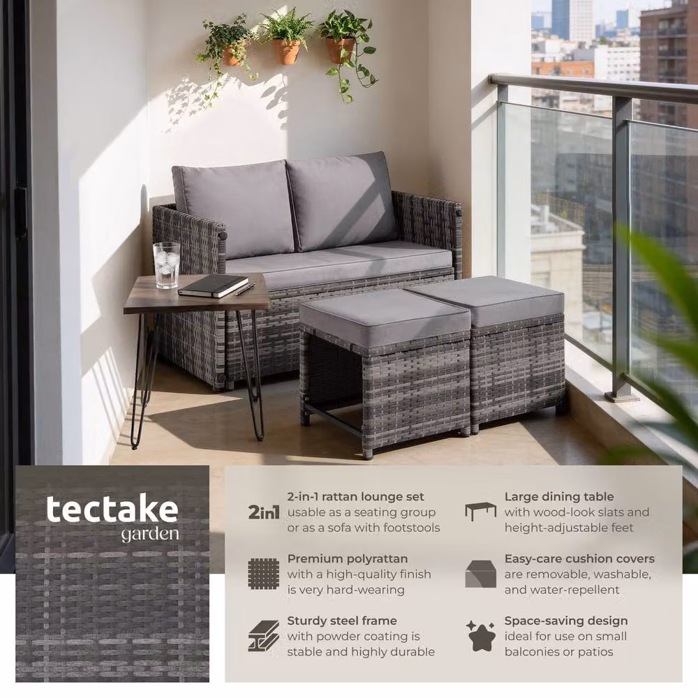 tectake Monopoli 2-in-1 Rattan Garden Lounge Set with Sofa and Seating Area in Grey for 4 Persons – 2