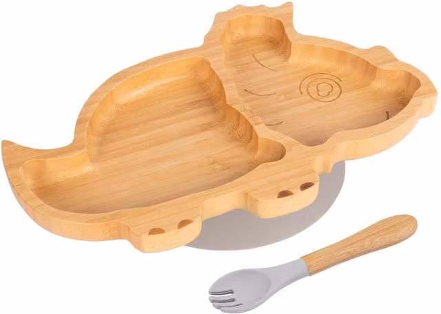 Tiny Dining Bamboo Dinosaur Baby Weaning Plate and Fork Set in Grey