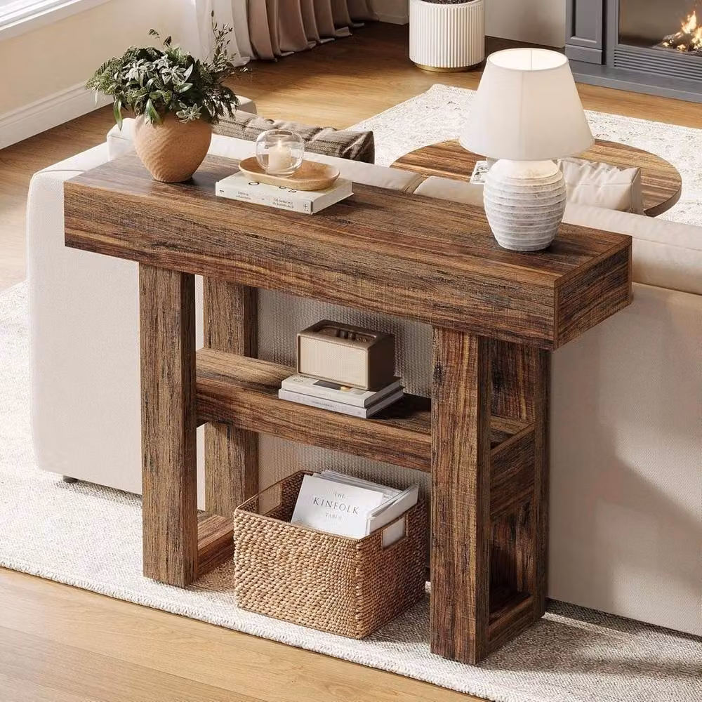 VOGREX 2-Tier Rustic Farmhouse Wooden Console Table, Brown, Width: 105 cm – 4