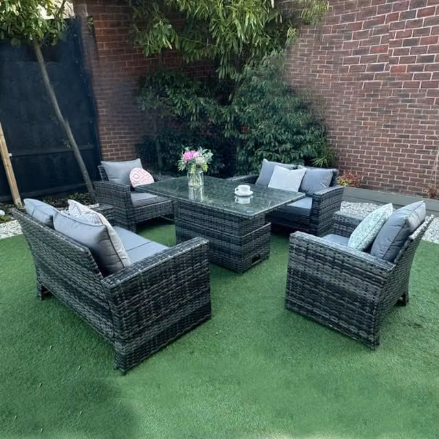 Furniture One Designs Grey Rattan Wicker Garden Lounge Set with Cushions, Two 2-Seater Sofas, Two Armchairs and a Rising Table