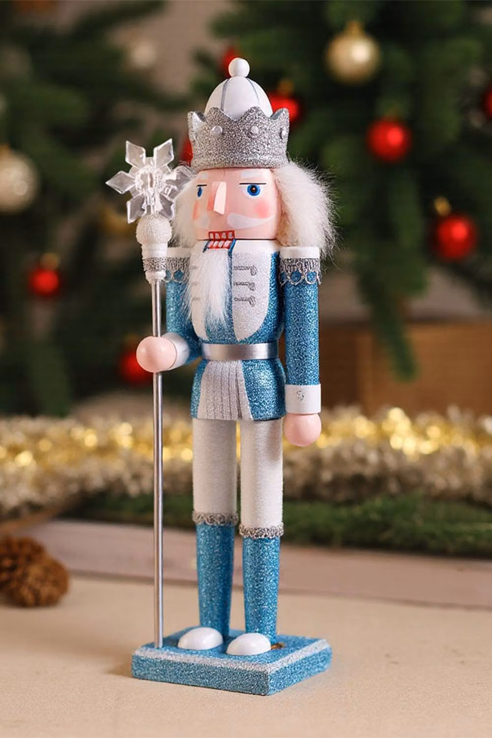 Living and Home Wooden King Nutcracker Snowflake Figurine Christmas Decoration in Blue, Silver and White – 2