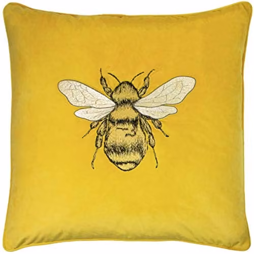 Paoletti Hortus Embroidered Bee Soft Velvet Pipe Trimmed Cushion in Yellow, W/D/H: 50 x 50 x 50 cm