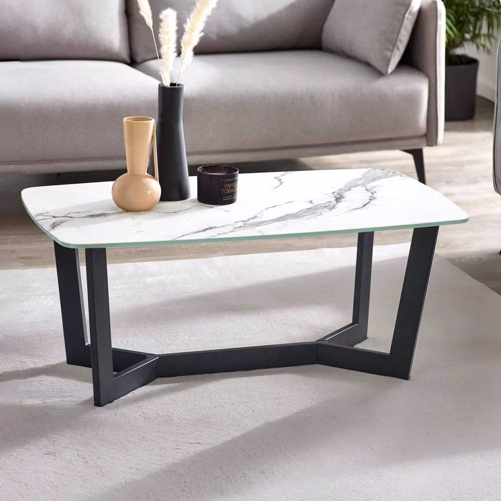 Cheshire Helios Rectangular Coffee Table in White and Black Glossy Marble Effect with Glass – 2