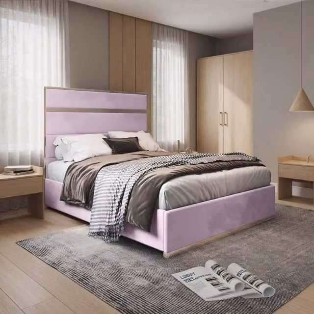 KDMD Horam Single Upholstered Soft Velvet Designer Bed Frame in Pink with Metal Details, W/D/H: 90 x 200 cm – 1
