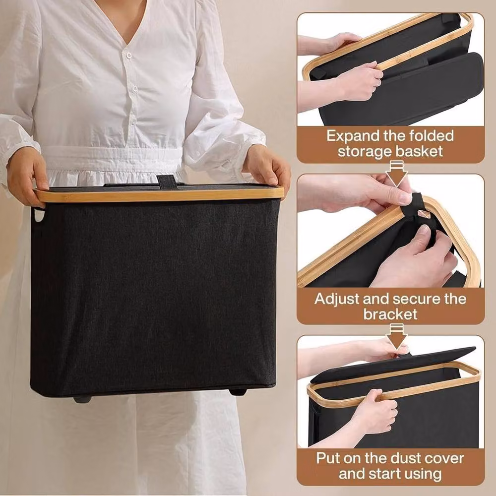 KORVIXA Black Bamboo Toilet Roll Storage Box and Spare Roll Holder with Handles – 5