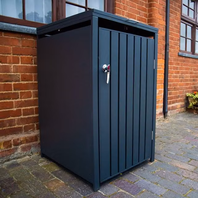 Garden Furniture Centre Single Anthracite Wheelie Bin Storage with Lockable Soft Close Hinged Doors, Galvanised Steel, H 116 cm x W 80 cm x D 68 cm