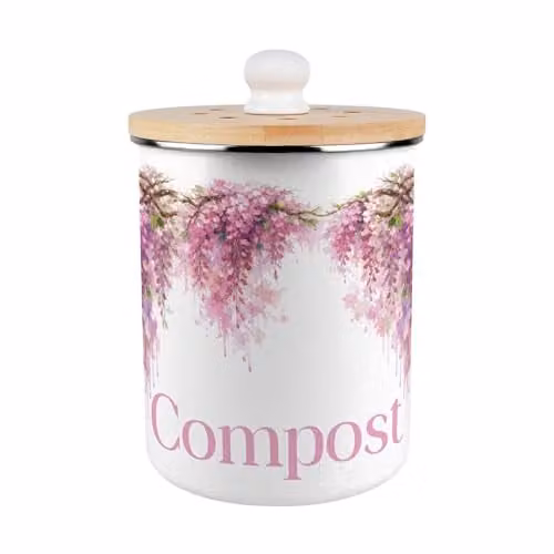 Purely Home Pink Wisteria Compost Caddy - Metal and Enamel Kitchen Food Waste Bin with Removable Inner Bucket and Odour Filter, 2L – 1