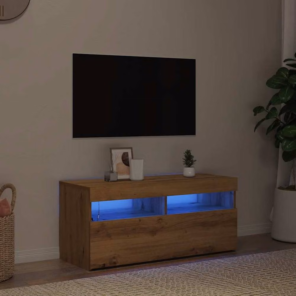 Berkfield Home Artisan Oak TV Cabinet with LED Lights in Brown, W/D/H: 90 x 35 x 40 cm – 3