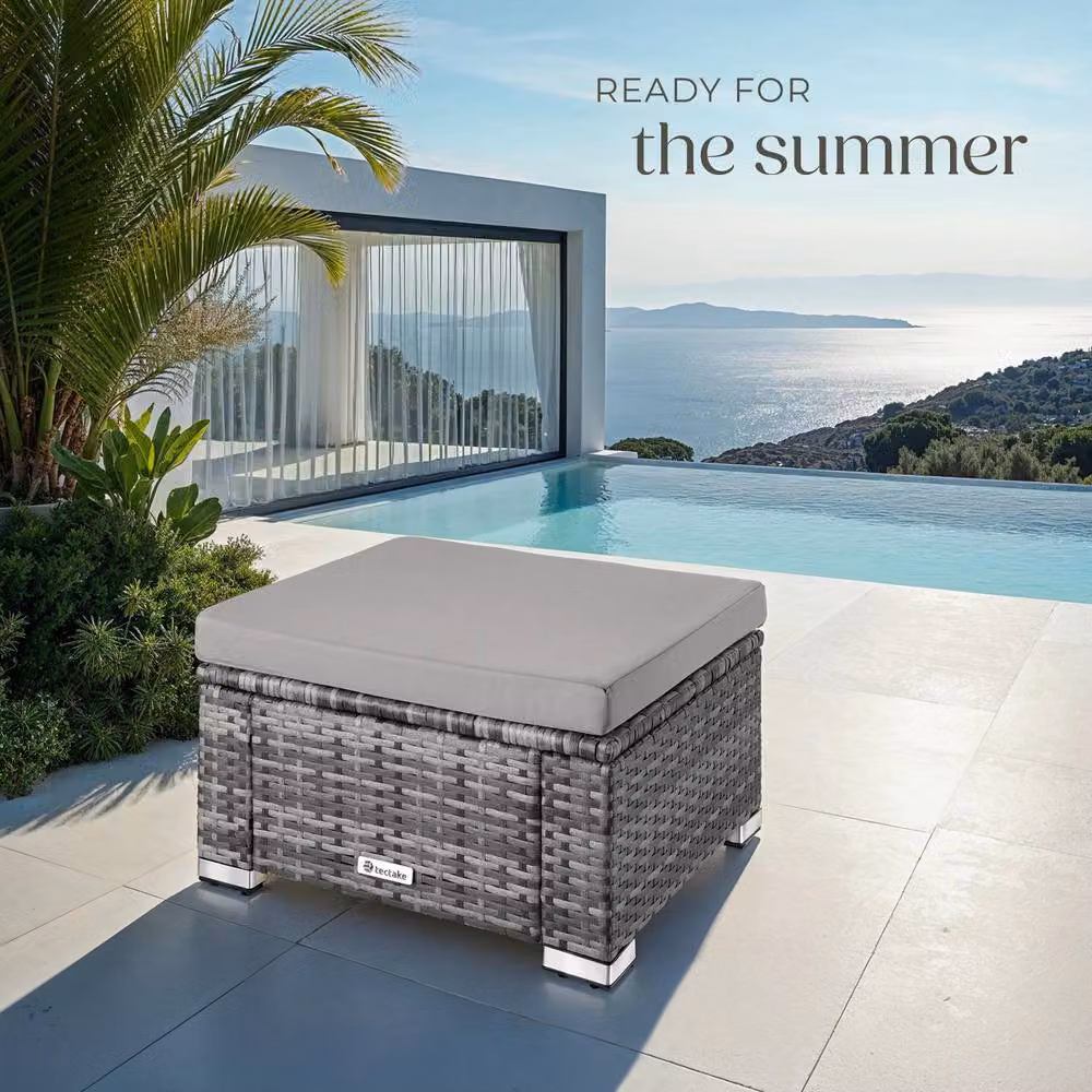 tectake Bitonto Rectangular Polyrattan Garden Footstool in Grey with Cushions – 8