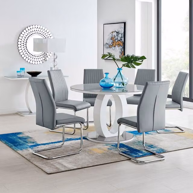 FurnitureboxUK Giovani Round Grey Dining Set with 120cm Glass Table and 6 Lorenzo Chairs