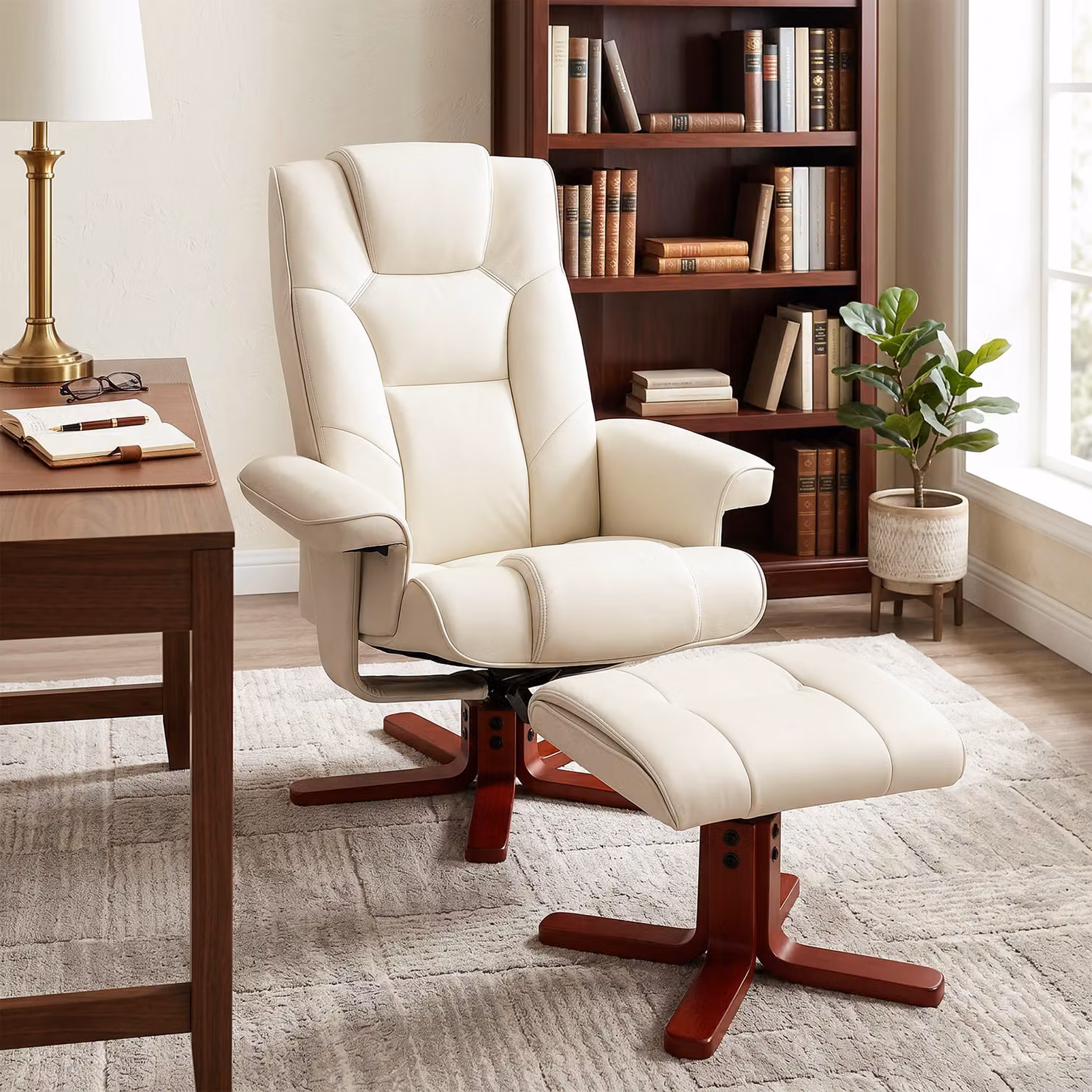HOMCOM Faux Leather Manual Recliner and Footstool Set in White – 5