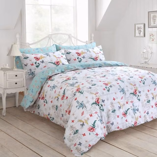 Velosso Floral Cotton Blend Reversible Duvet Cover and Pillowcase Set in Multicolour and White, W/D/H: 180 x 200 cm