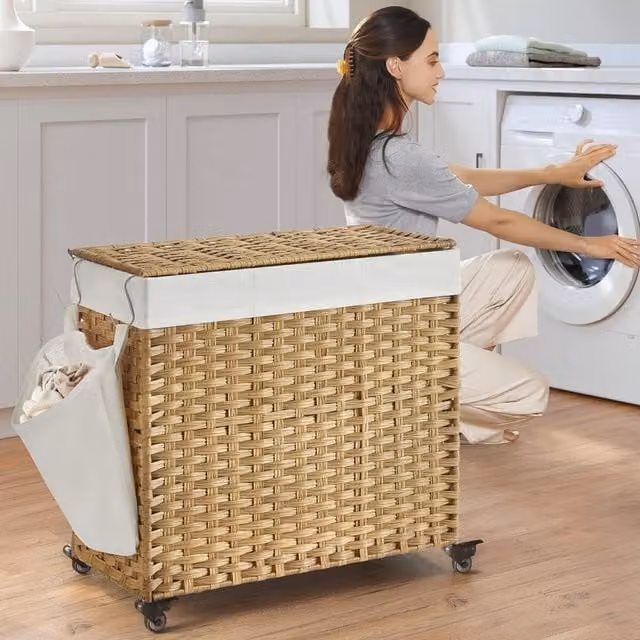 The Bazaarist Handwoven Rattan-Style Laundry Hamper with 3 Compartments, Lid, Removable Bags and Wheels, Beige and Brown, H 66 x W 33 x D 33 cm