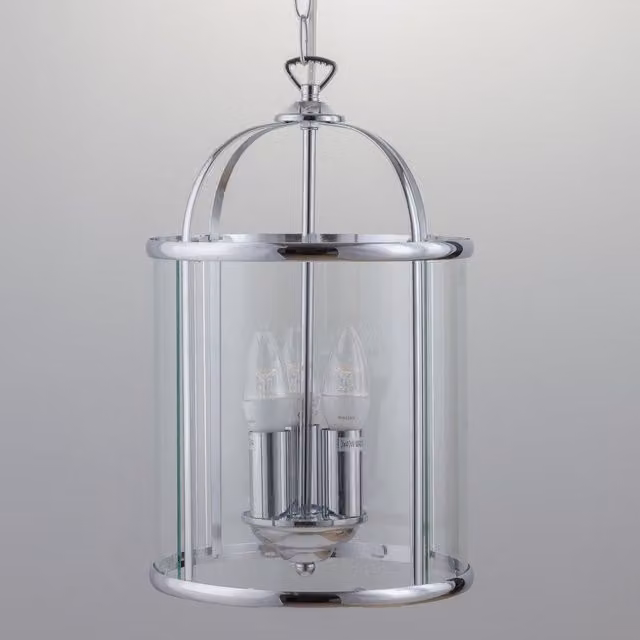 First Choice Lighting Polished Chrome 3 Light Lantern Style Pendant with Transparent Glass in Silver – 1