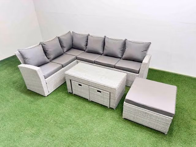 Fimous Outdoor 9 Seater L-Shape Corner Sofa Set with 3 Ottomans and Coffee Table in Light Grey