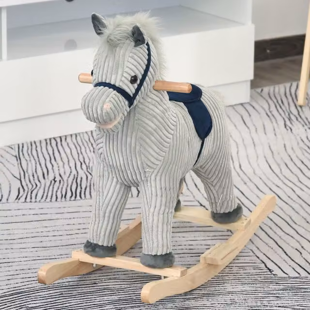 HOMCOM Childrens Wooden Rocking Horse with Sound in Grey and White