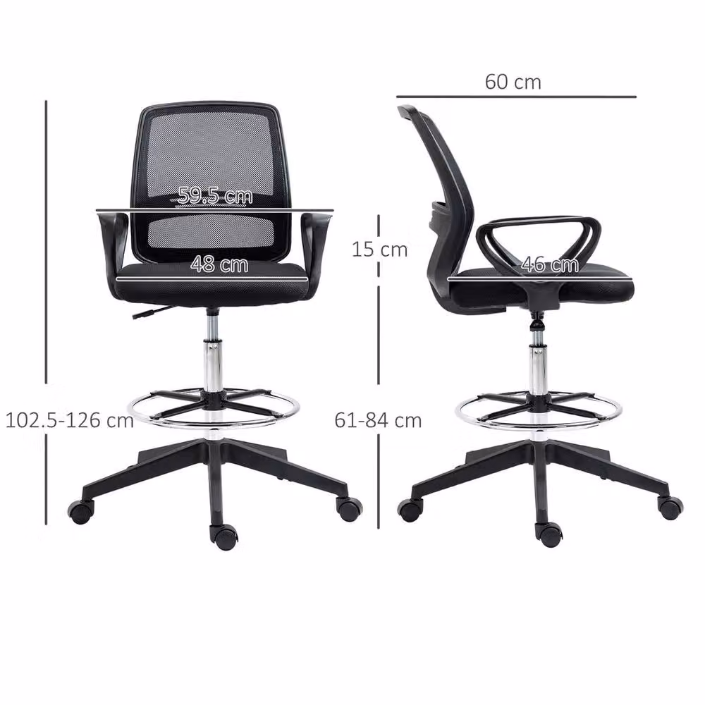FORGEVIO Black Fabric Draughtsman Chair with Adjustable Height, Foot Ring and Swivel Function – 2