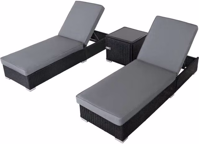 Monstershop Modern Polyrattan Sun Lounger Set in Black and Grey with Weatherproof Cushions