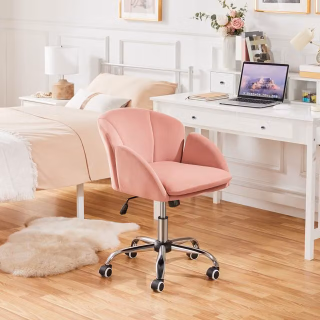 Yaheetech Modern Pink Velvet Swivel Task Chair with Armrests for Home Office