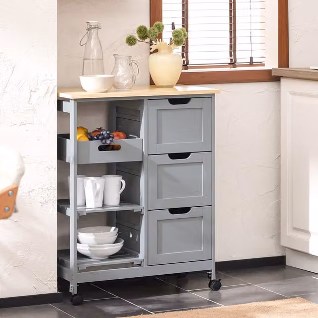 SoBuy Modern Kitchen Trolley with 3 Drawers in Grey Lacquered MDF and Rubberwood