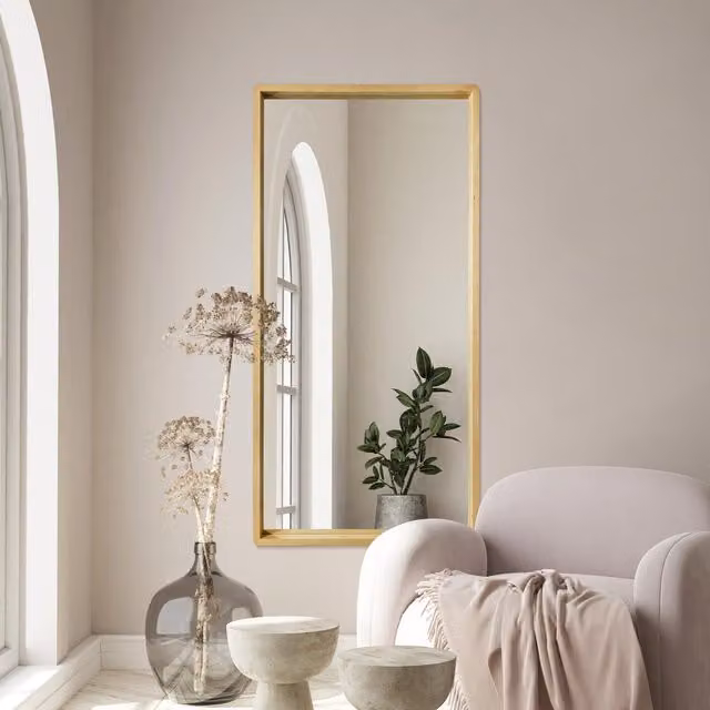 MirrorOutlet Scandinavian Solid Oak Rectangular Wall Mirror in Brown and Gold, H 160 cm x W 80 cm