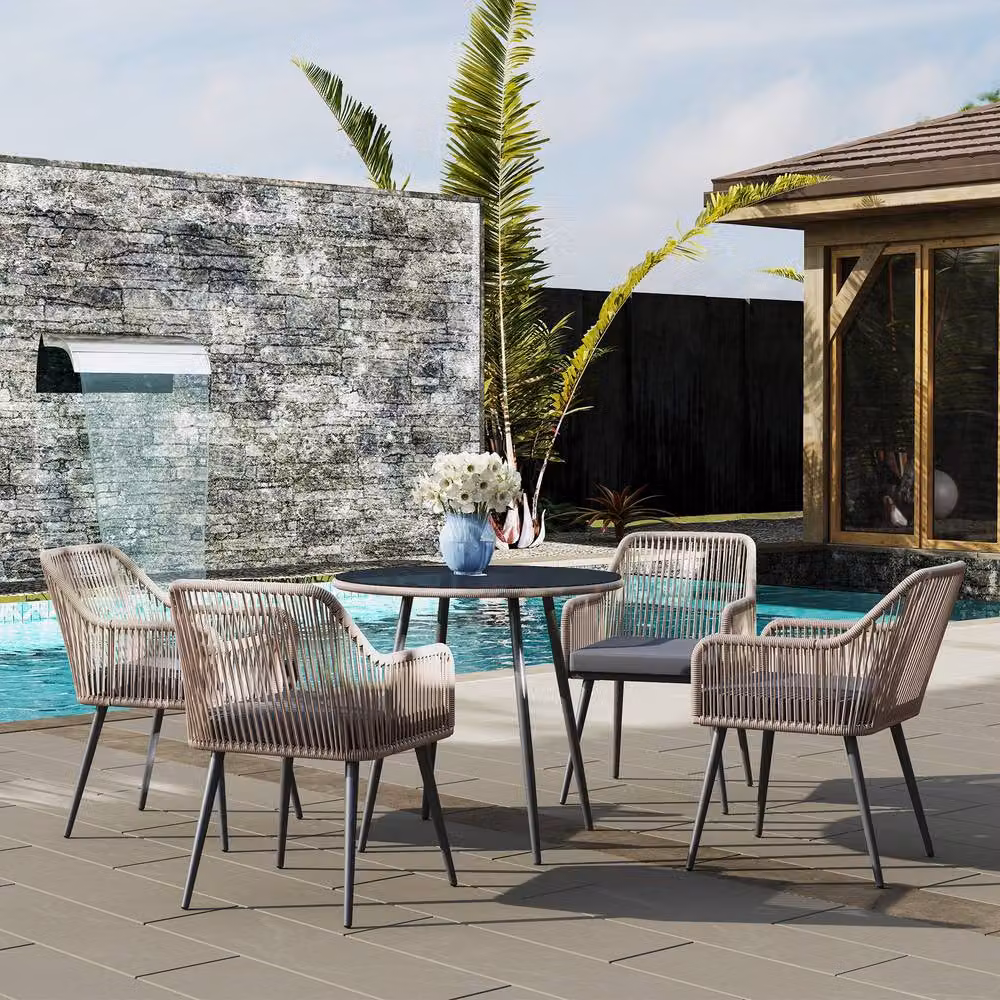 ERGOVEXA 4 Seater Rattan Dining Set in Brown with Glass Top and Powder Coated Steel Frame – 4