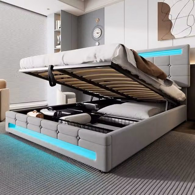 ModernLuxe Grey Velvet Double Ottoman Bed with LED Under-Bed Lighting and Headboard, W/D/H: 135 x 190 x 123 cm – 1