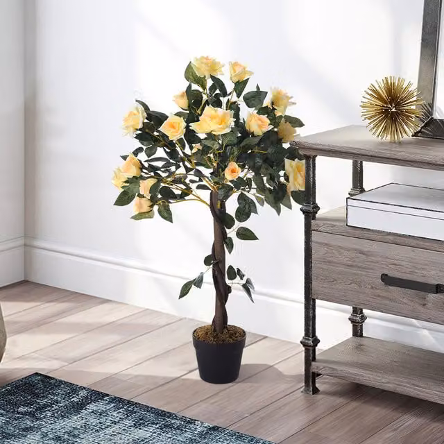 Livingandhome 90 cm Artificial Yellow Rose Flower Tree in Pot