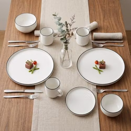 Waterside 16 Piece White Porcelain Dinner Set with Black Rim, including 4 Dinner Plates, Side Plates, Deep Bowls and Mugs, Stackable, Dishwasher and Microwave Safe – 2