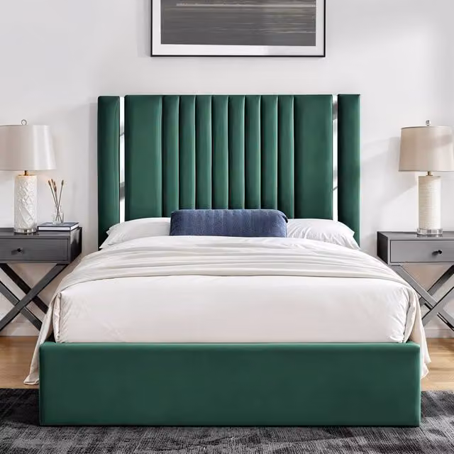 UK Bed Furniture Valencia Upholstered Velvet Slatted Base Bed in Green, W/D/H: 120 x 200 cm – 1