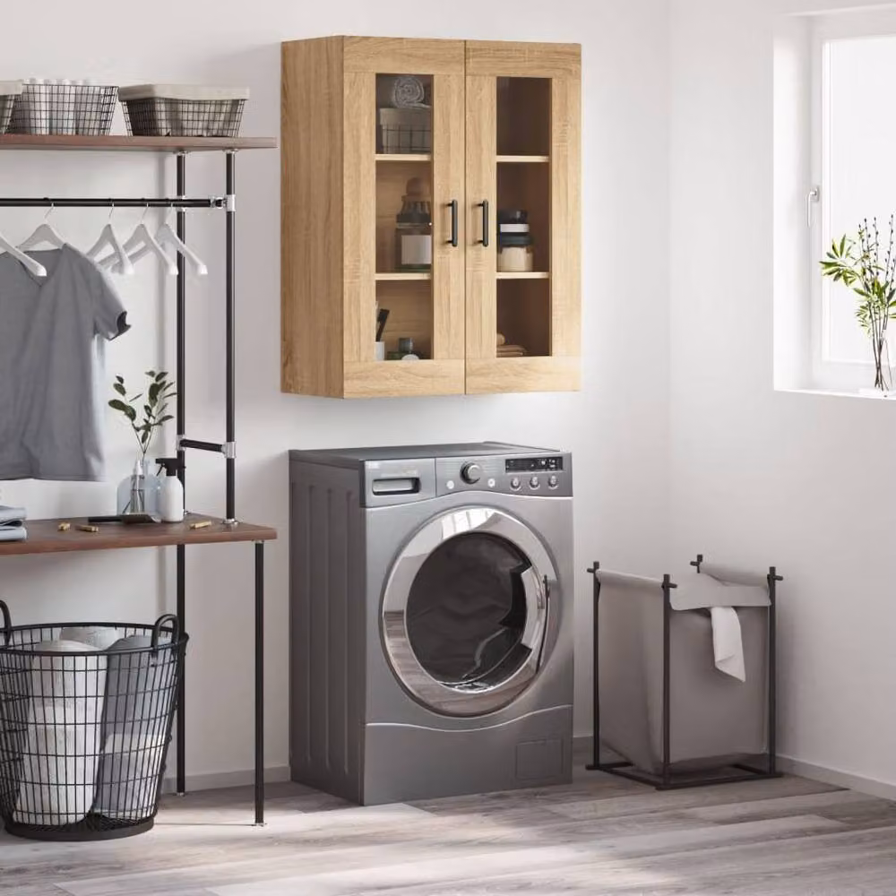 Berkfield Home Sonoma Oak Wall Mounted Cabinet with Glass Doors in Brown, W/D/H: 69.5 x 34 x 90 cm – 2