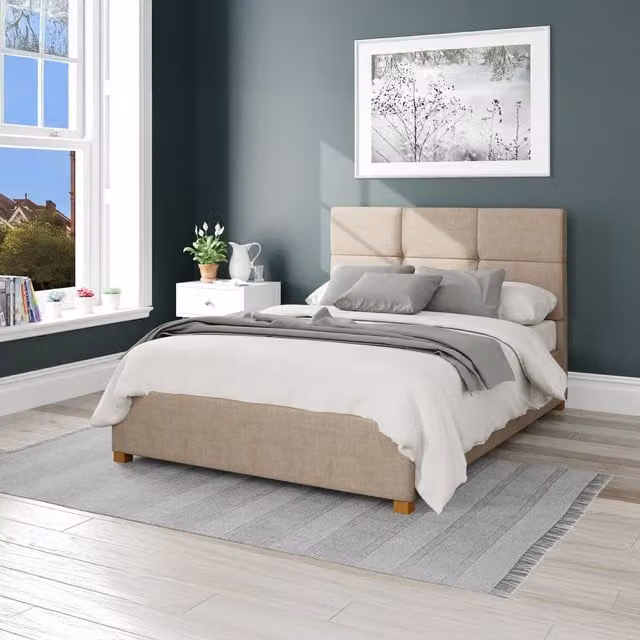 Aspire Modern Upholstered Woven Ottoman Storage Bed in Brown and Yellow, W/D/H: 140 x 200 cm