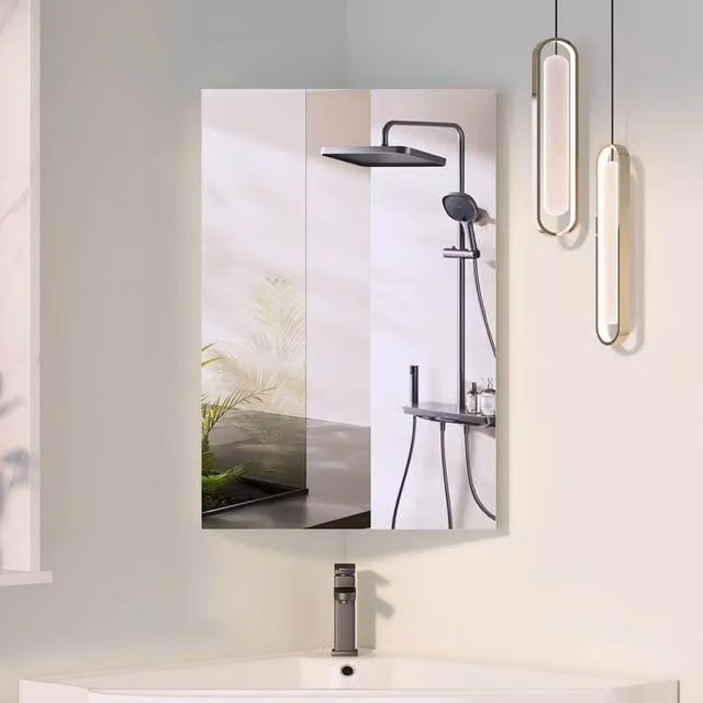 KEEPREAPER Corner Mirrored Bathroom Cabinet in White, W: 40 cm, H: 60 cm – 1