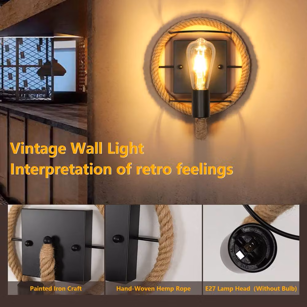 COMELY Vintage Industrial Wall Lights in Black with Hemp Rope and E27 Socket – 5