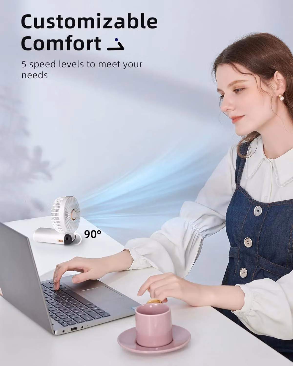 Dyzi 2-in-1 Portable Mini Handheld Desk Fan, USB-C Rechargeable, White – 3
