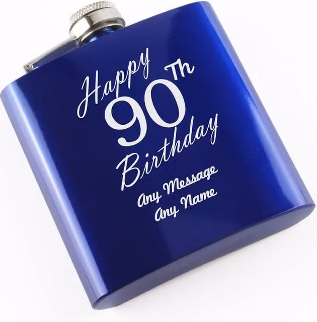 Uniqueful Personalised Happy 90th Birthday Engraved Blue Stainless Steel 6oz Hip Flask