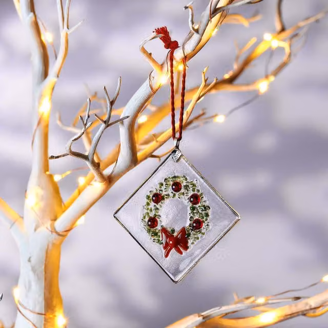 Ling & Hansen Handmade Fused Glass Wreath Hanging Ornament in Green