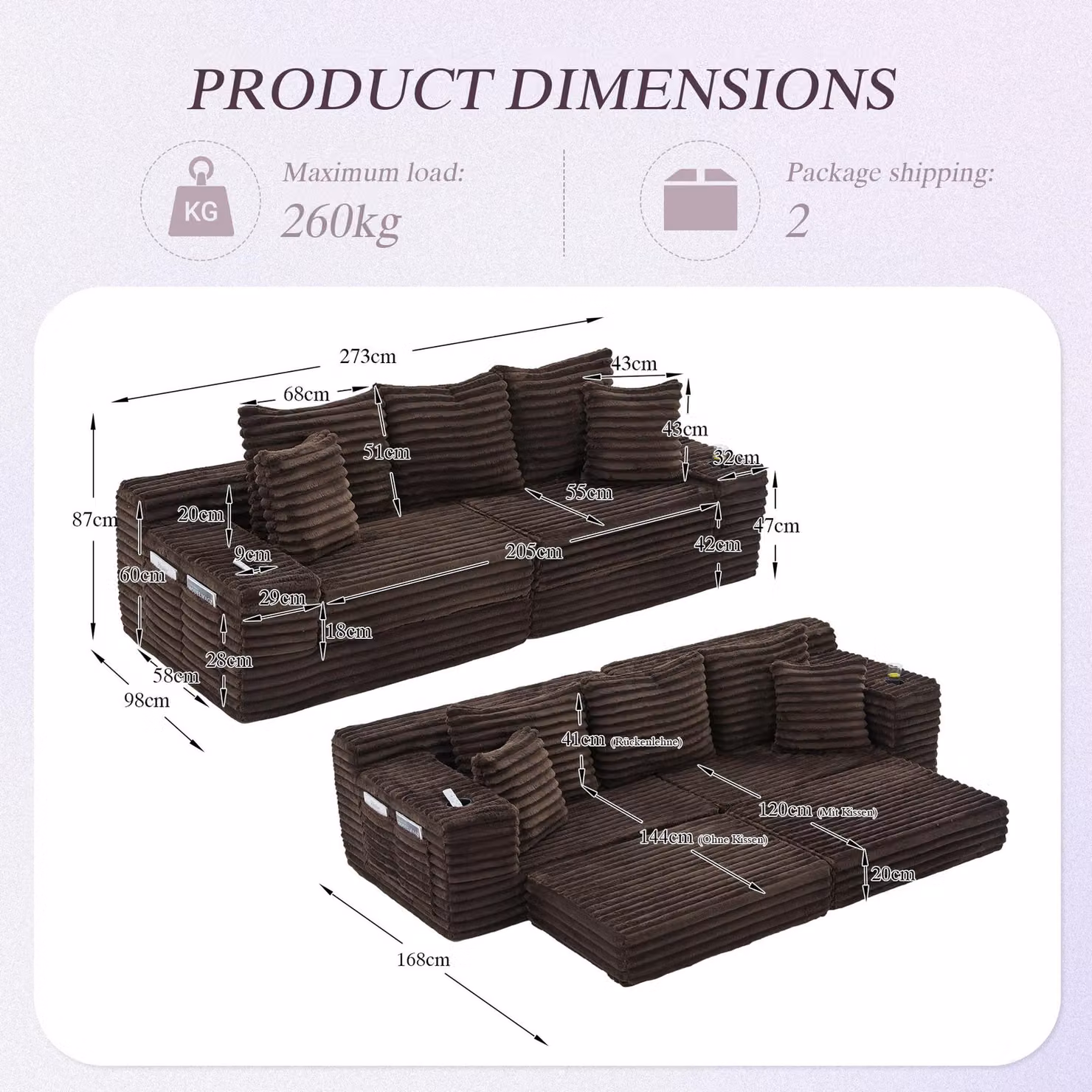 Aosom UK Brown Corduroy Convertible Sofa Bed with High Backrest, Extra Pillow and Dual Side Pockets, W/D/H: 107.5 x 38.5 x 34 cm – 3