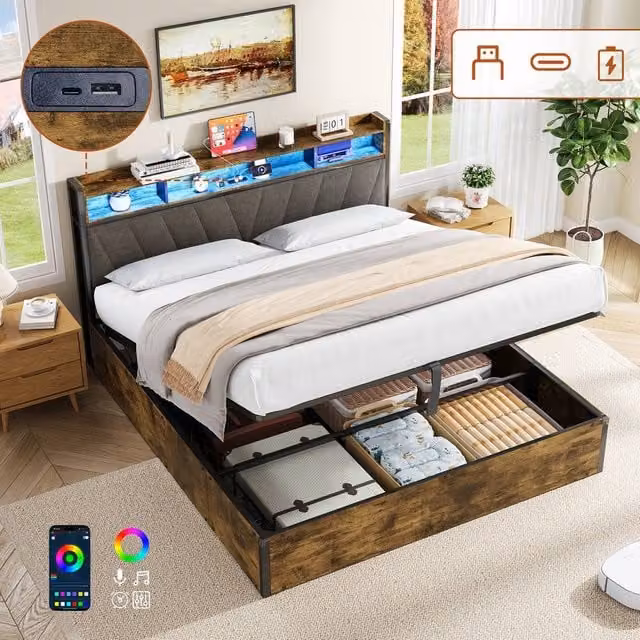 Matteo King Bed Frame with Hydraulic Storage, RGB LED Headboard and USB Charging Ports, W/D/H: 180 x 200 cm