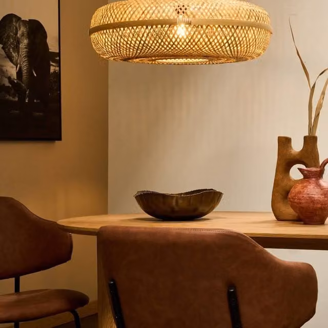 Wyld and Coco Round Boho Pendant Lamp with Handwoven Natural Bamboo Shade in Brown and Beige – 1