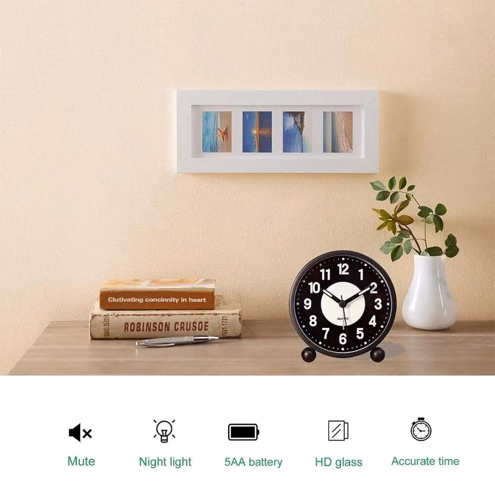 FLAVORA Black Analog Quartz Tabletop Alarm Clock with Silent Snooze Function – 5