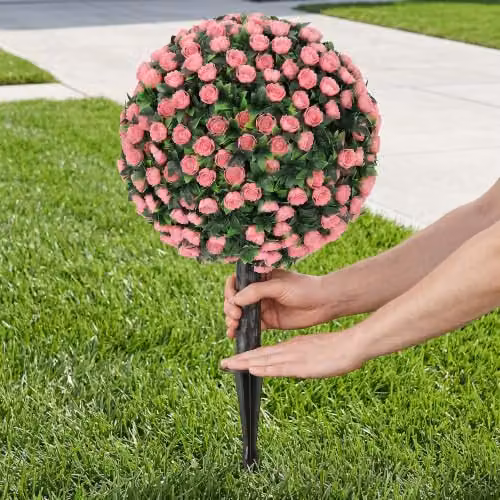 HOMCOM Set of 2 Pink Artificial Rose Topiary Trees, UV-Resistant Round Floral Plants, Height: 55 cm, Width: 30 cm, Depth: 30 cm – 9