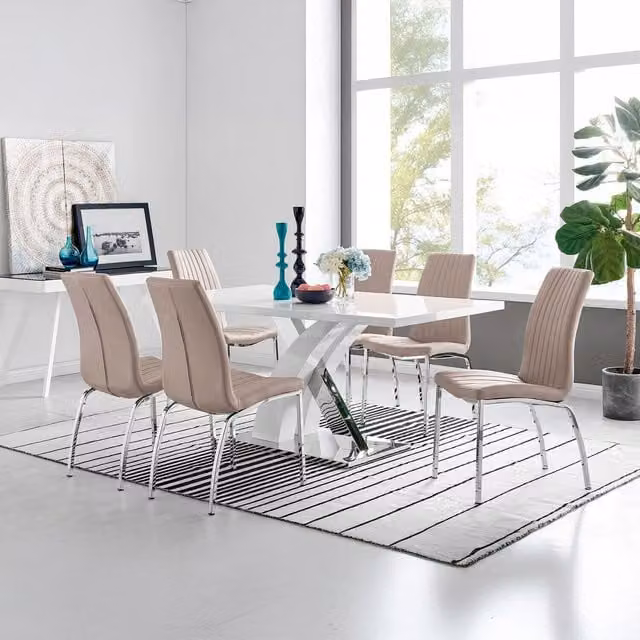 FurnitureboxUK Atlanta Rectangle Chrome Metal High Gloss White Dining Table and 6 Isco Chairs in Cappuccino