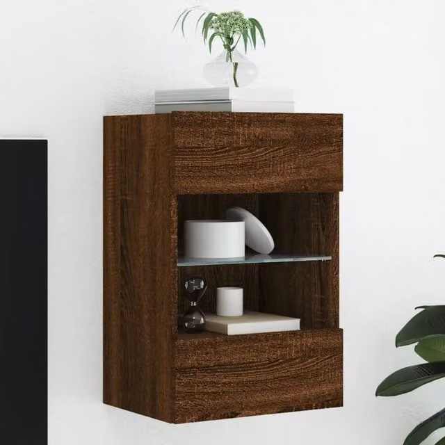 Berkfield Home Modern Wall Mounted TV Cabinet with LED Lights, Brown Oak, W/D/H: 40 x 30 x 60.5 cm