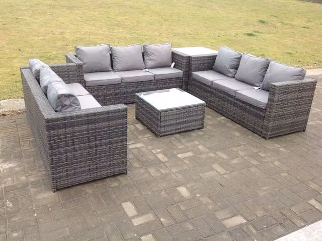 Fimous 9 Seater U-Shape Rattan Garden Furniture Set in Dark Grey with Upholstered Cushions and Ottoman