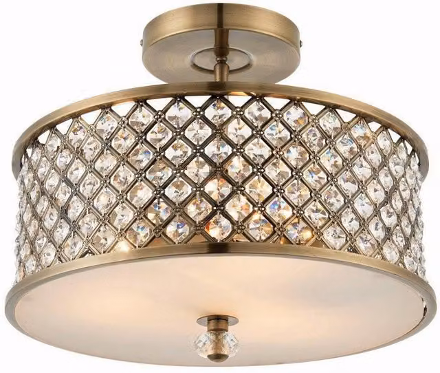 Netlighting Hudson 3 Light Flush Ceiling Light in Antique Brass and Crystal with E27 Fitting – 1