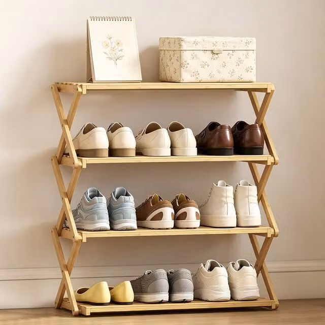 ERGOVEXA Natural Bamboo 4-Tier Folding Shoe Rack in Brown – 1