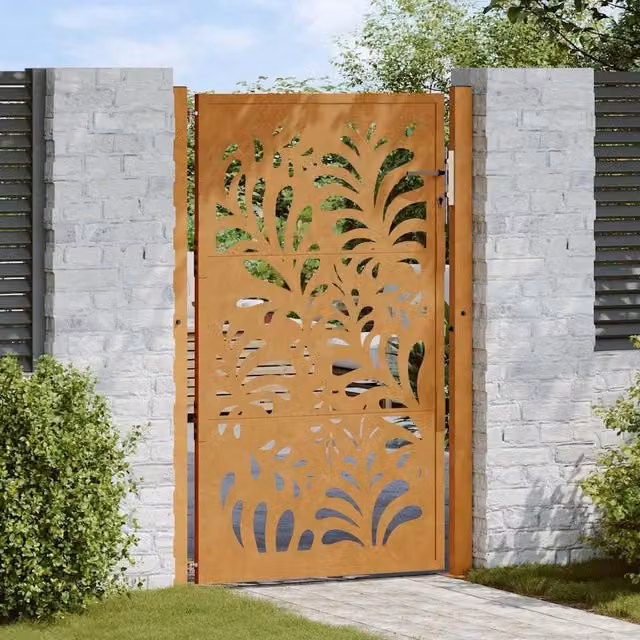 Berkfield Home Brown Weathering Steel Wave Design Garden Gate W: 105 cm, H: 155 cm