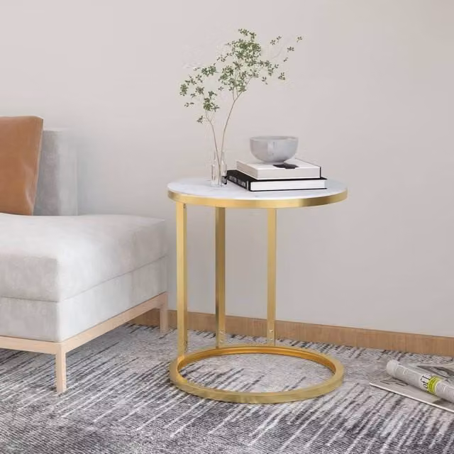 Berkfield Home Round Side Table with White Marble and Gold Metal Sled Base, Diameter: 45 cm